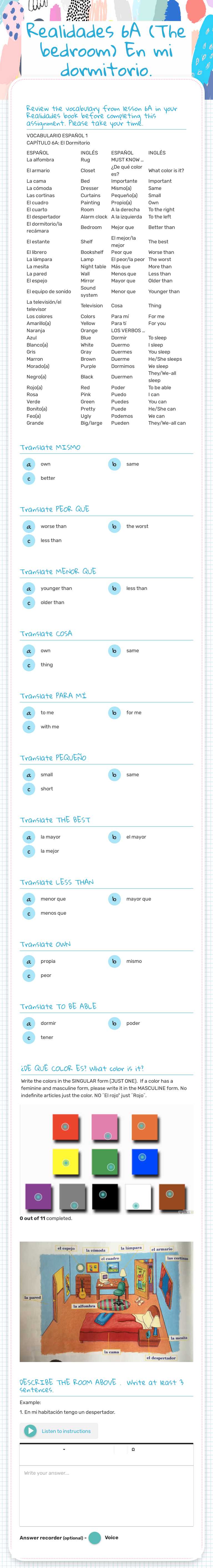 Realidades 6A        (The bedroom) En mi dormitorio. worksheet preview image