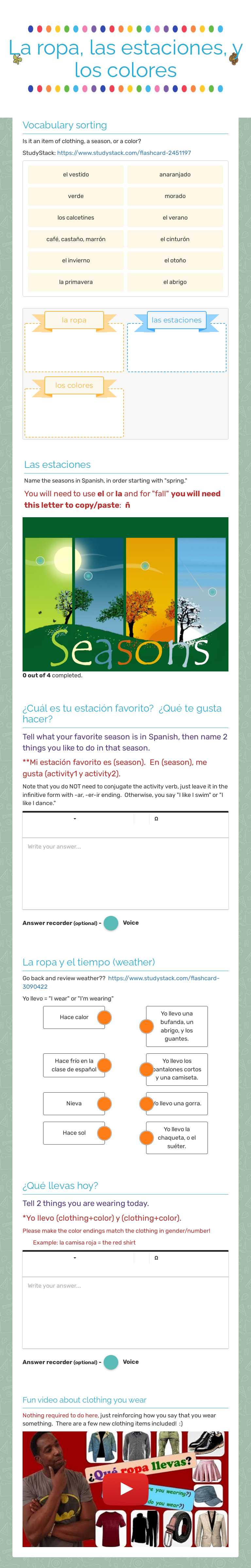 La ropa, las estaciones, y los colores worksheet preview image