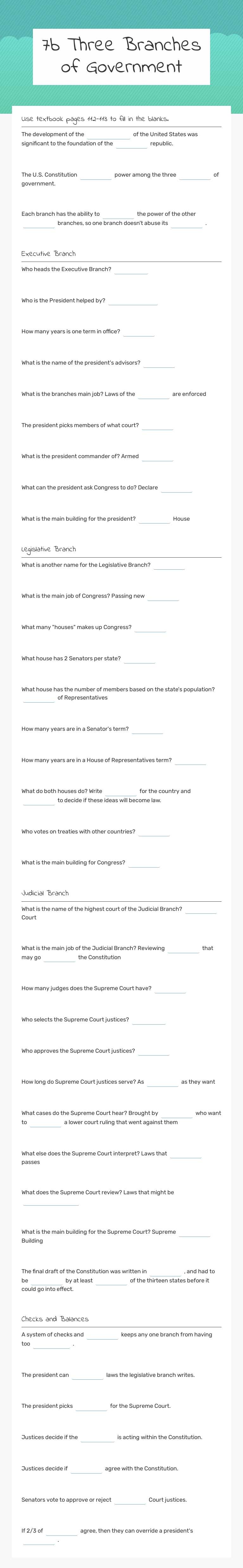 7b Three Branches of Government worksheet preview image