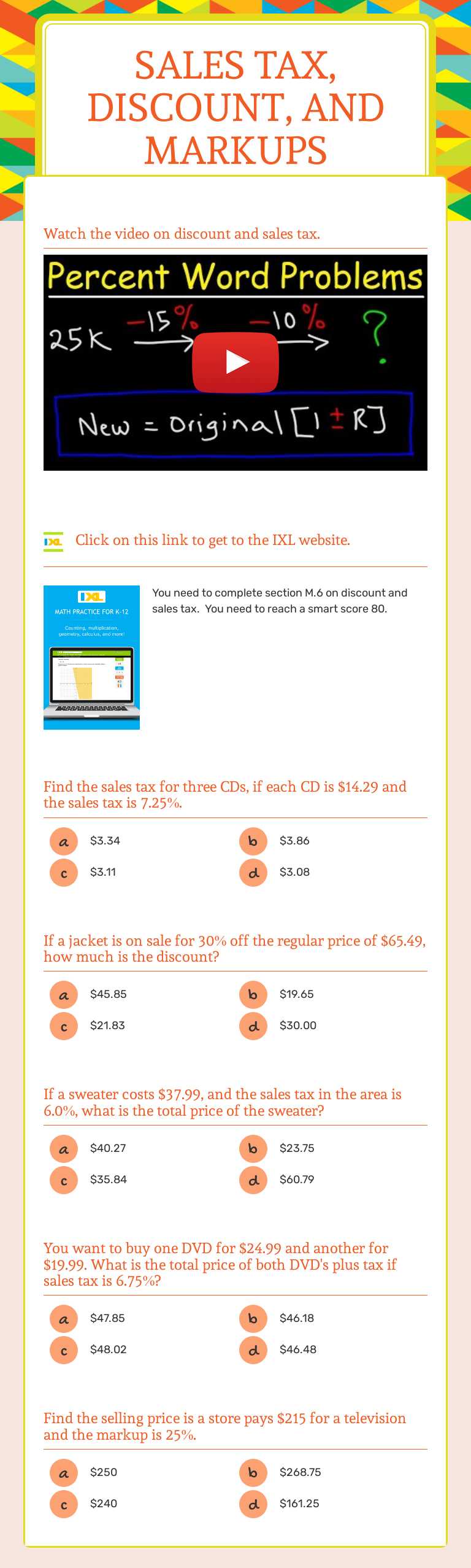 Sales Tax, Discount, and Markups Grade 7 worksheet preview