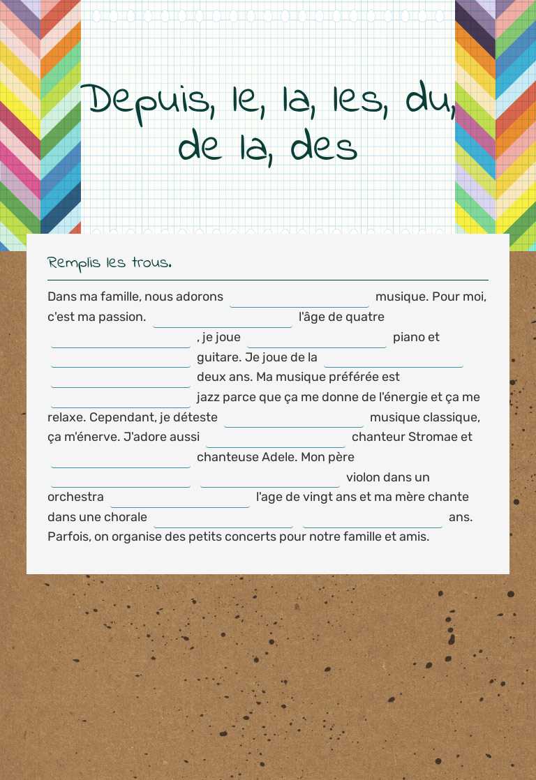 Depuis, le, la, les, du, de la, des Grade 8 worksheet preview
