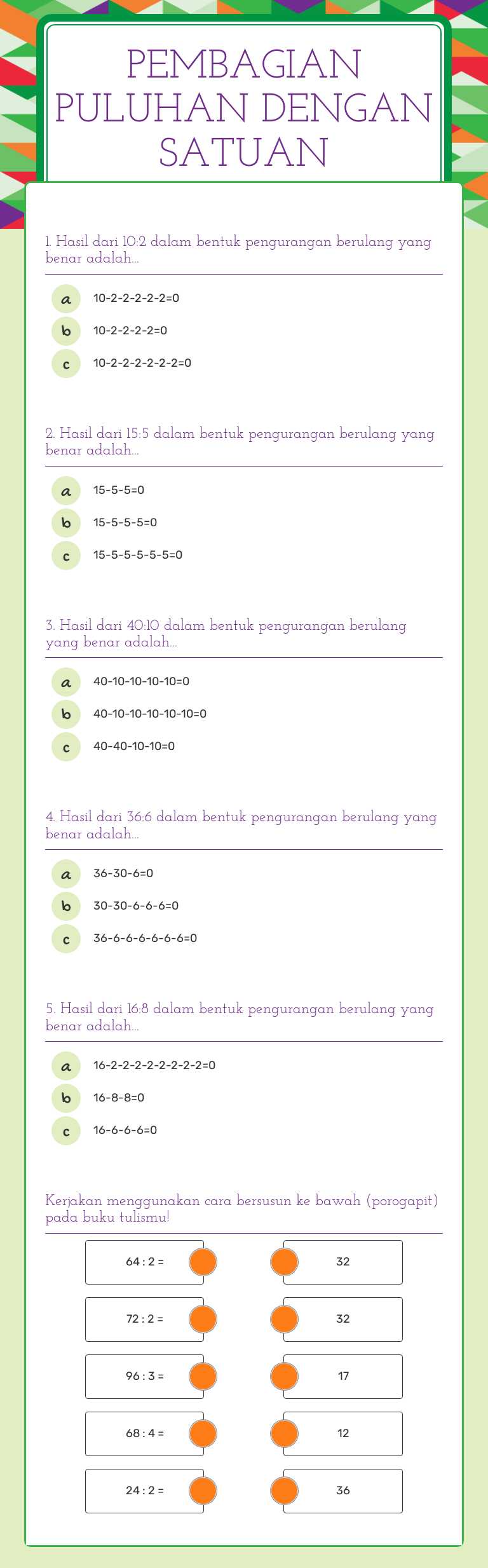 PEMBAGIAN PULUHAN DENGAN SATUAN worksheet preview image