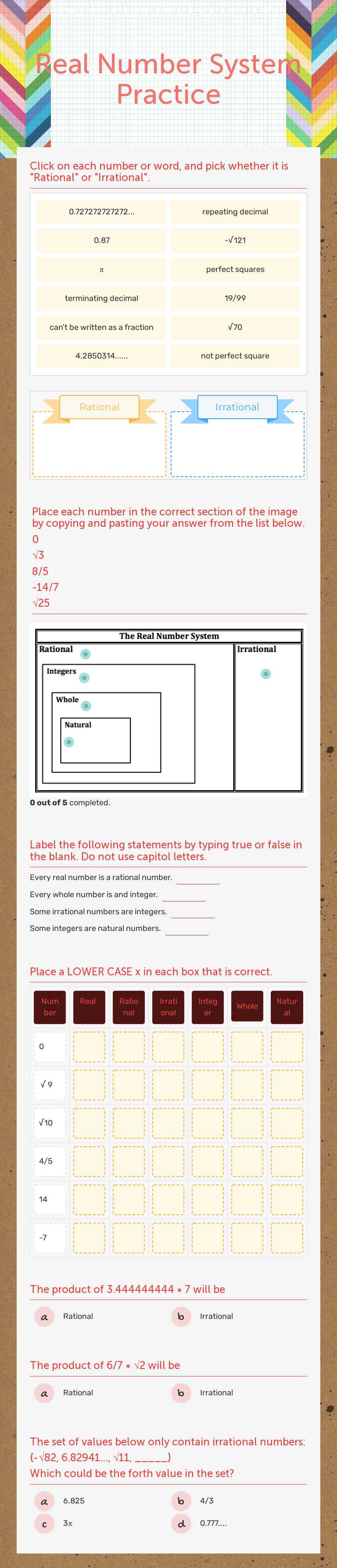 Real Number System Practice worksheet preview image