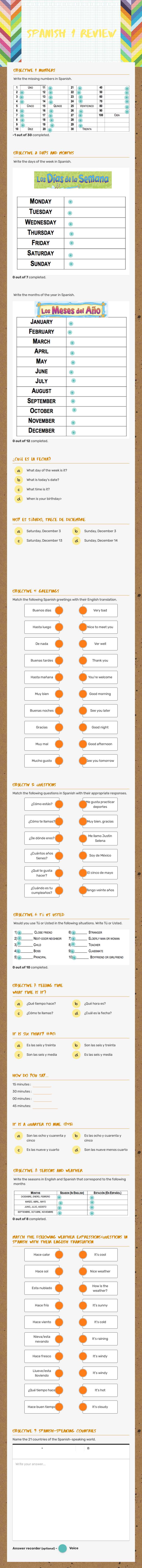Spanish 1 Review Grade 7 worksheet preview