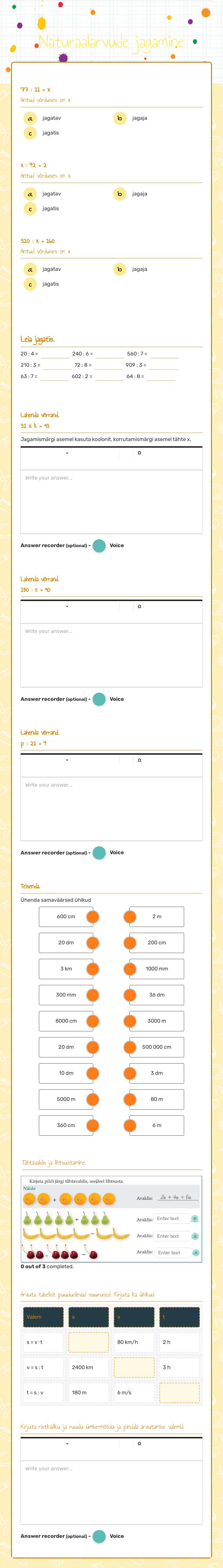 Naturaalarvude jagamine worksheet preview image