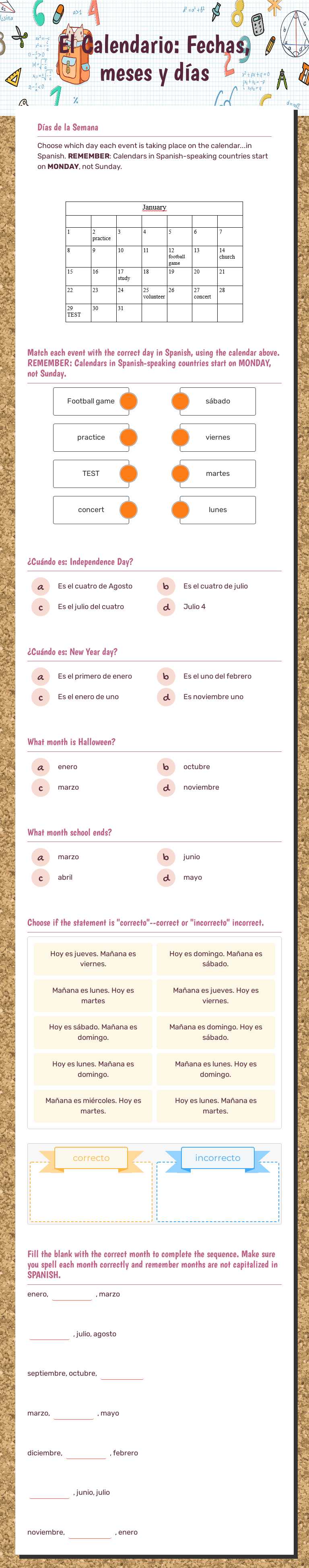 El Calendario: Fechas, meses y días worksheet preview image