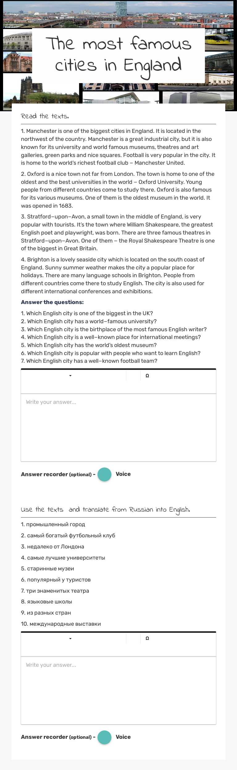 The most famous cities in England worksheet preview image