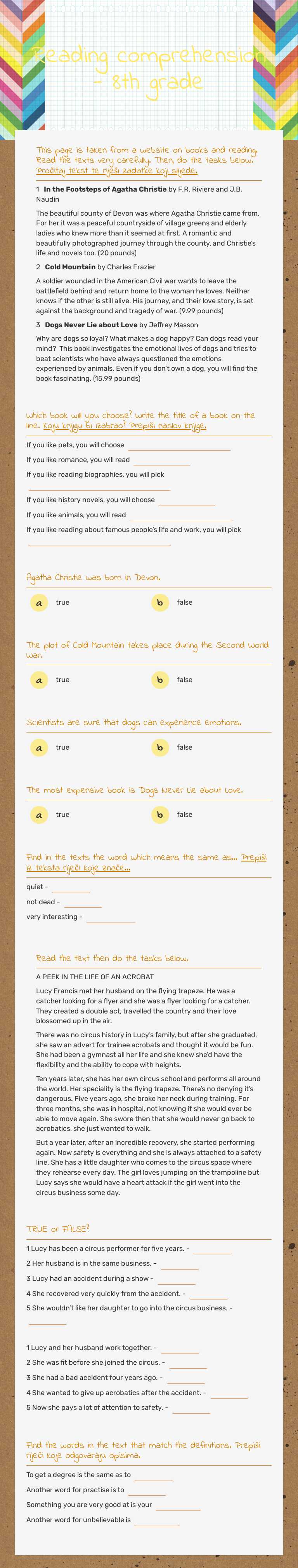 Reading comprehension - 8th grade worksheet preview image