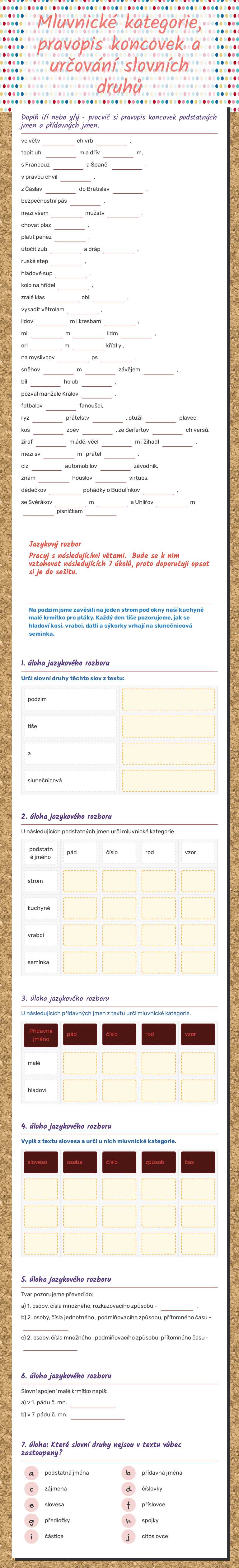 Mluvnické kategorie, pravopis koncovek a určování slovních druhů Grade 6 worksheet preview