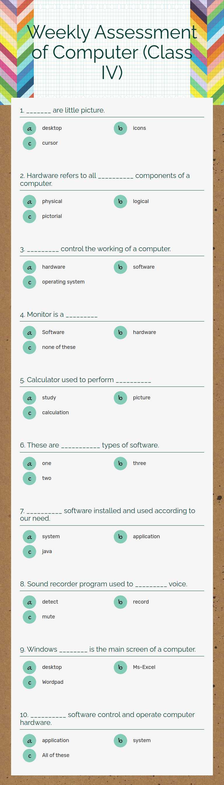 Weekly Assessment of Computer (Class IV) worksheet preview image