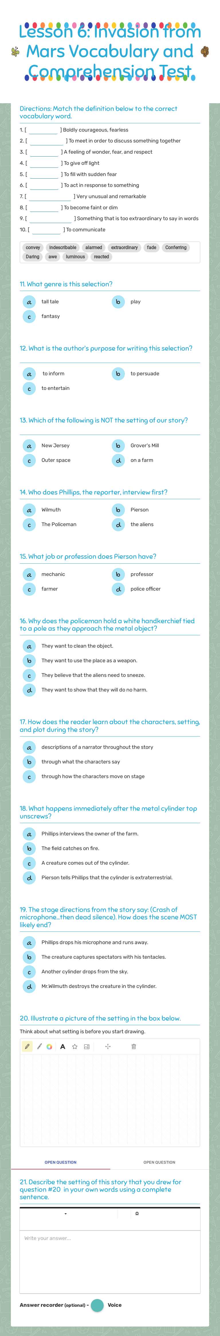 Lesson 6: Invasion from Mars
Vocabulary and Comprehension Test worksheet preview image