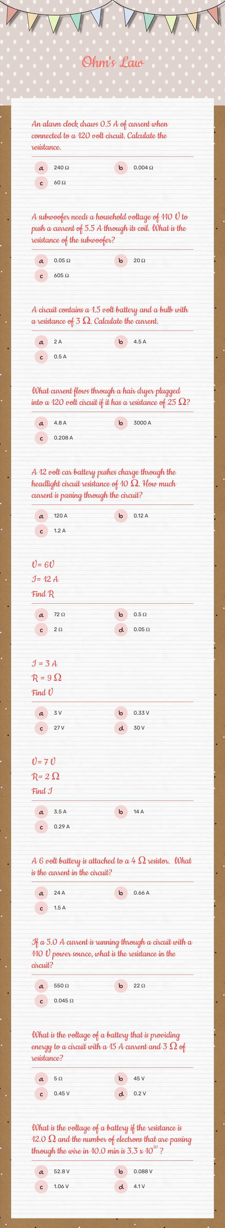 Ohm's Law worksheet preview image