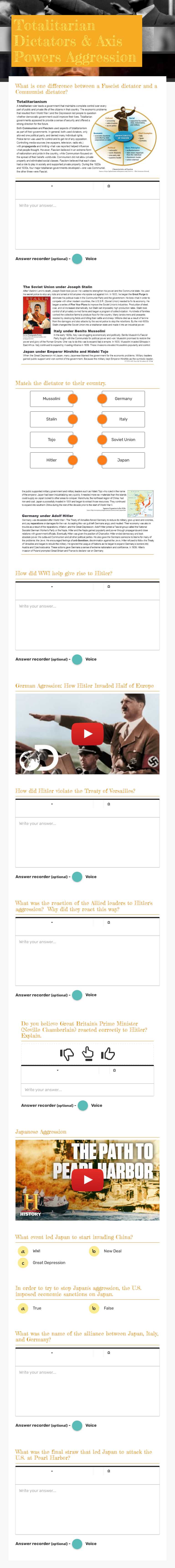 Totalitarian Dictators & Axis Powers Aggression worksheet preview image