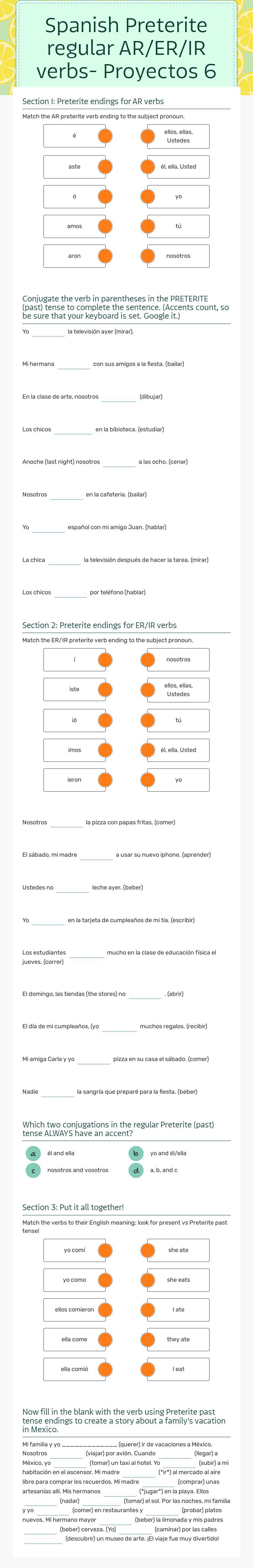 Spanish Preterite regular AR/ER/IR verbs- Proyectos 6 worksheet preview