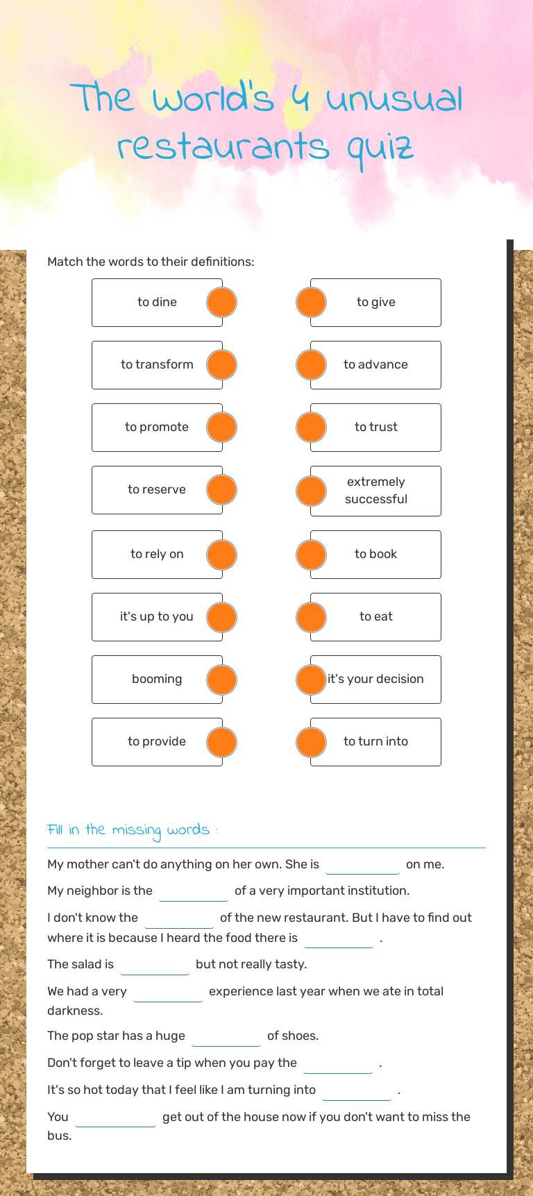 The World's 4 unusual restaurants quiz Grade 10 worksheet preview