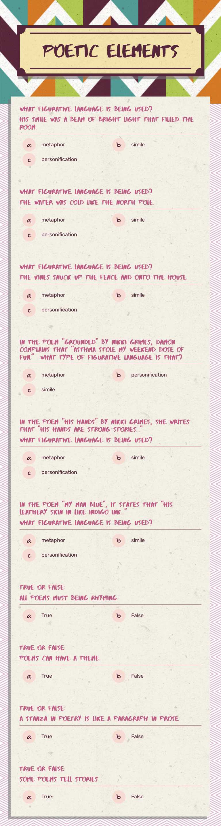 Poetic elements worksheet preview image