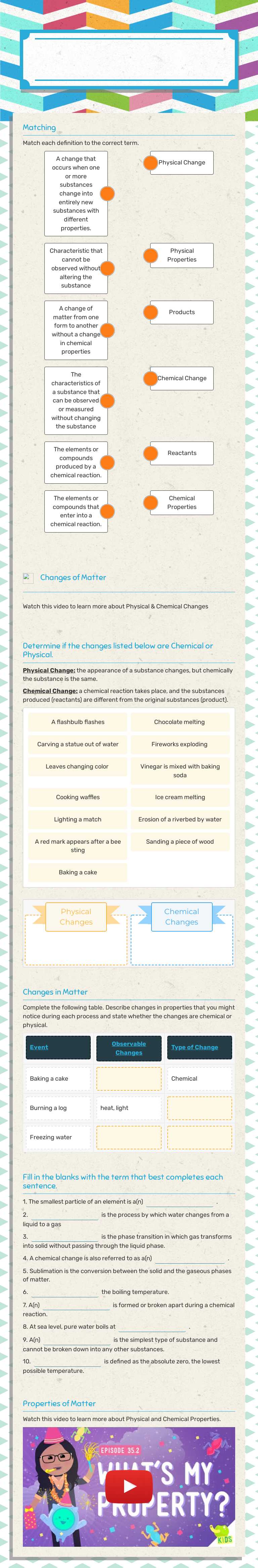 Physical and Chemical Properties & Changes worksheet preview image
