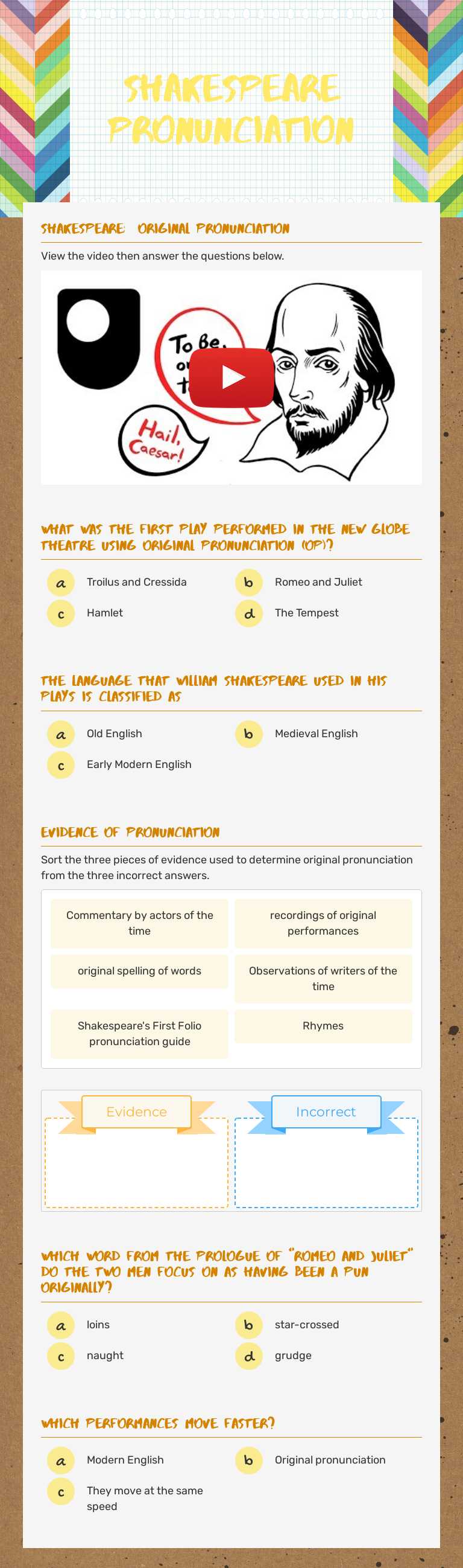 Shakespeare Pronunciation worksheet preview image