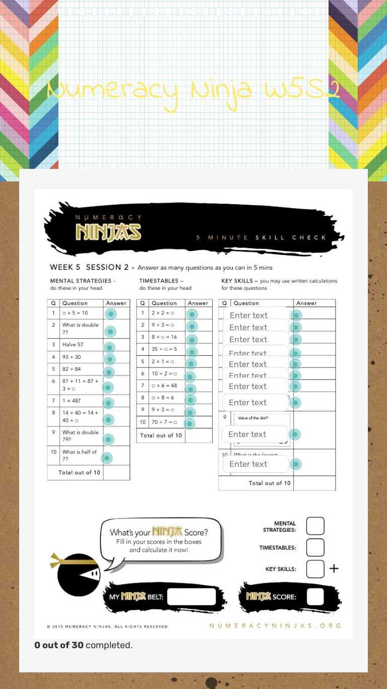 Numeracy Ninja W5S2 worksheet preview image