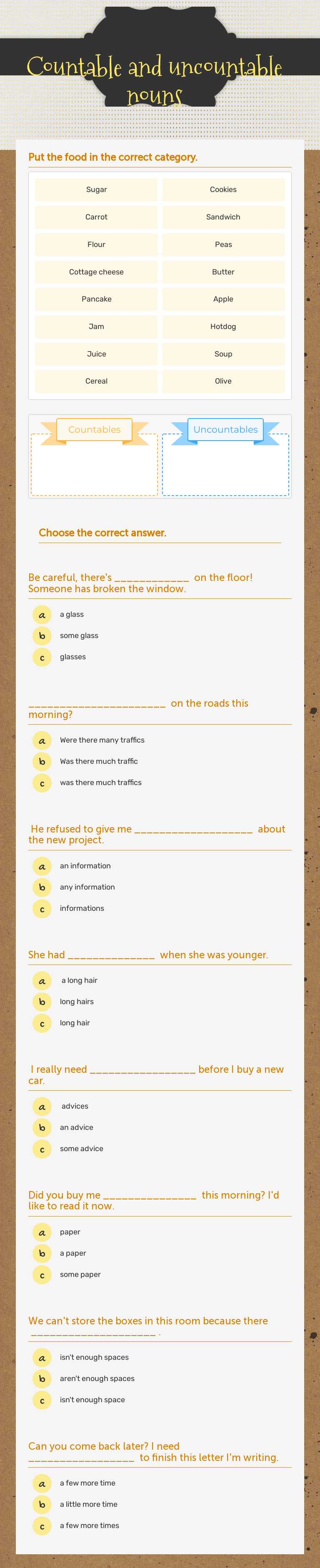 Countable and uncountable nouns worksheet preview image
