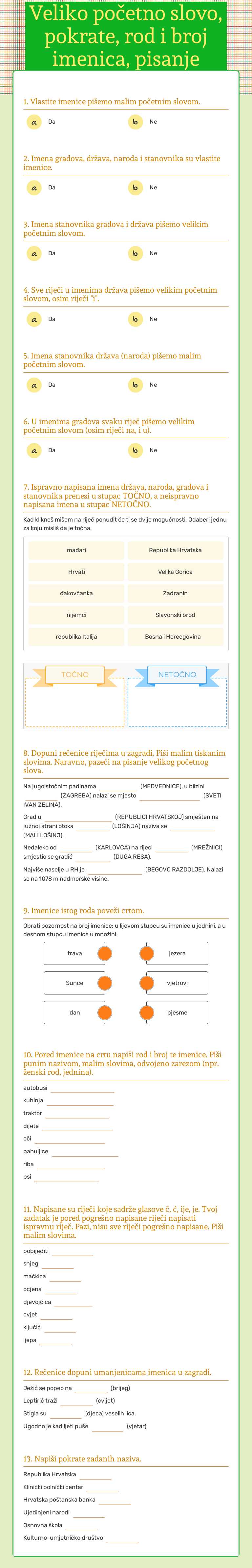 Veliko početno slovo, pokrate, rod i broj imenica, pisanje glasova č, ć, ije, je Grade 4 worksheet preview