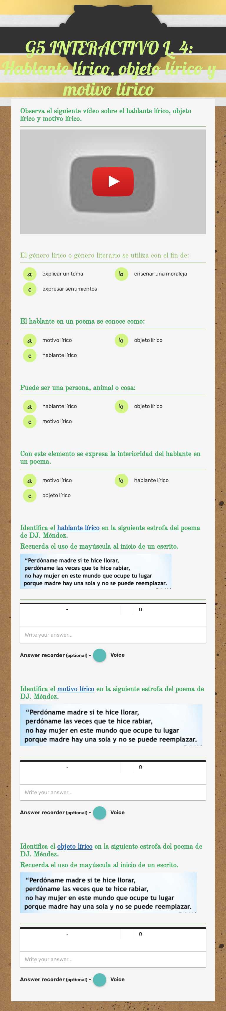 G5 INTERACTIVO L. 4: Hablante lírico, objeto lírico y motivo lírico Grade 5 worksheet preview