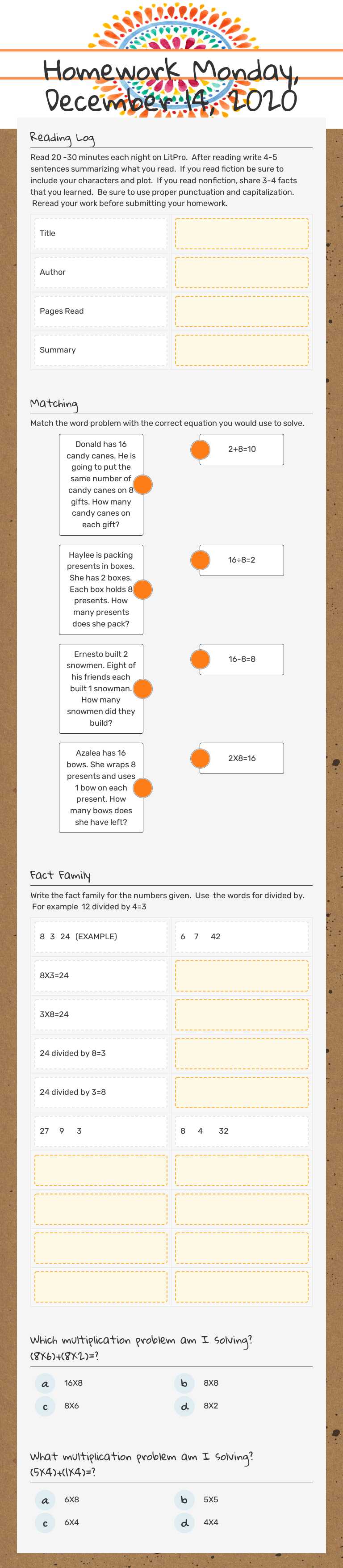 Homework Monday, December 14, 2020 worksheet preview image