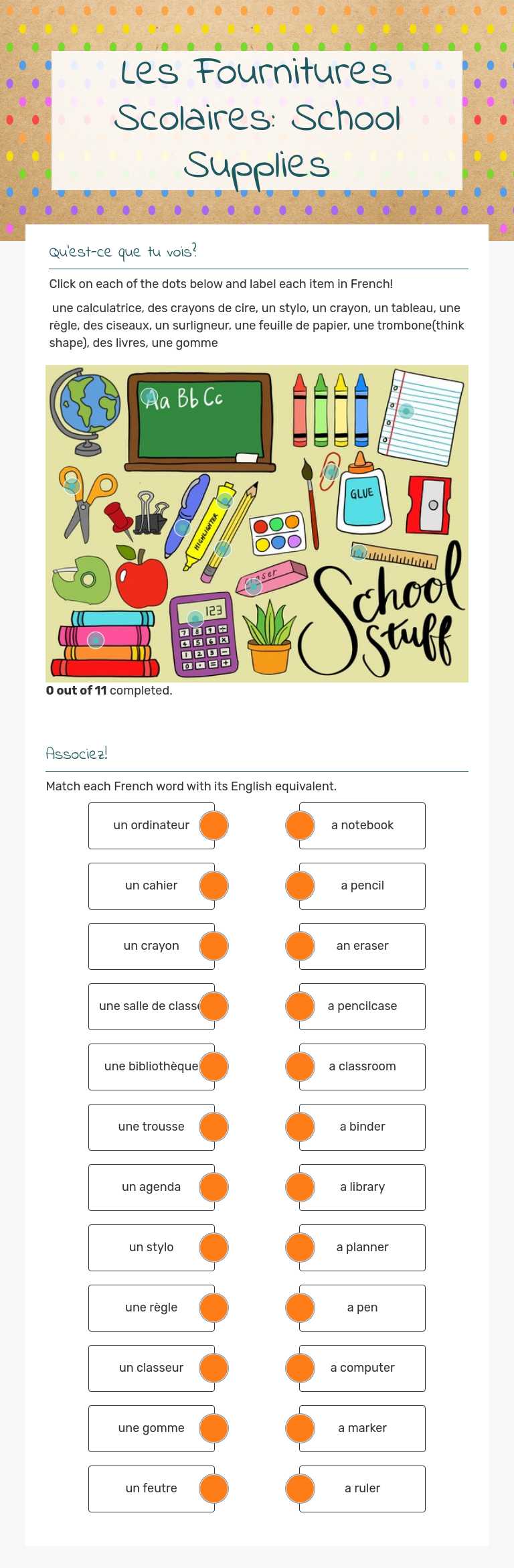 Les Fournitures Scolaires: 
School Supplies worksheet preview image