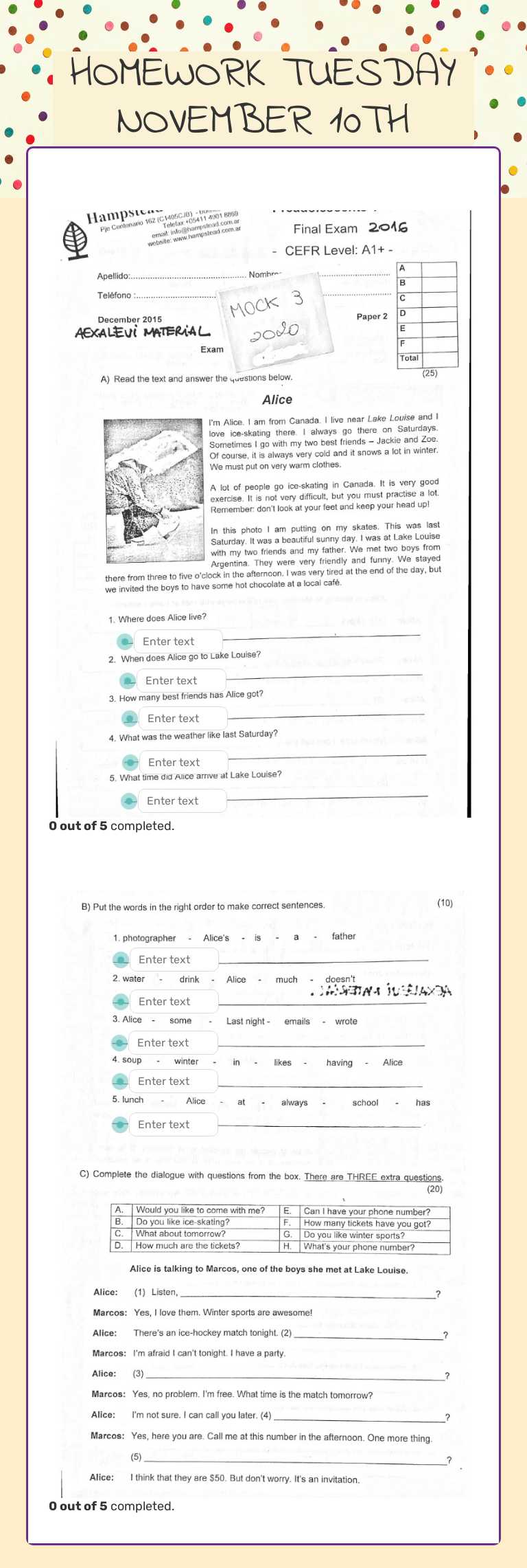 HOMEWORK TUESDAY NOVEMBER 10TH worksheet preview image
