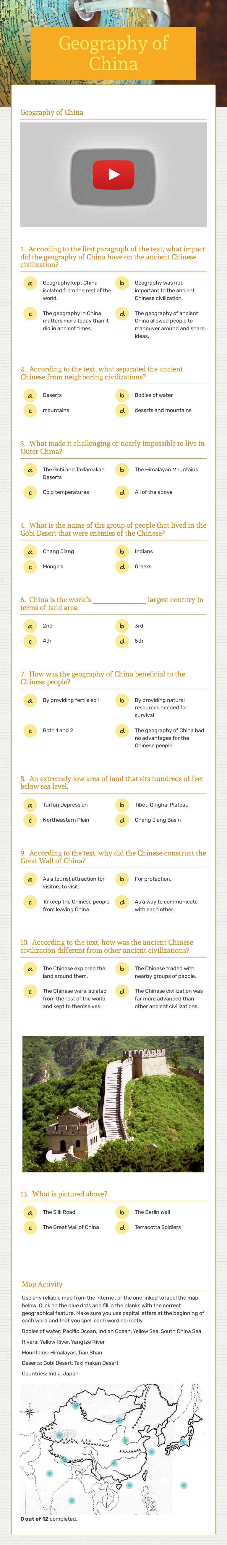 Geography of China worksheet preview image