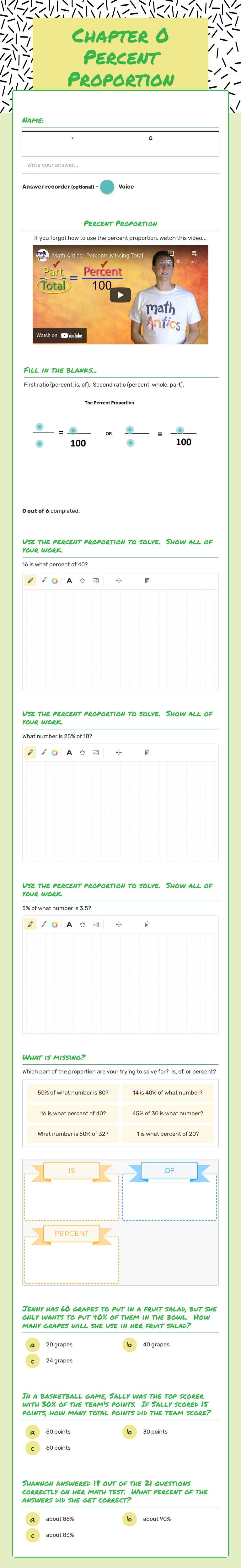 Chapter 0 Percent Proportion worksheet preview image