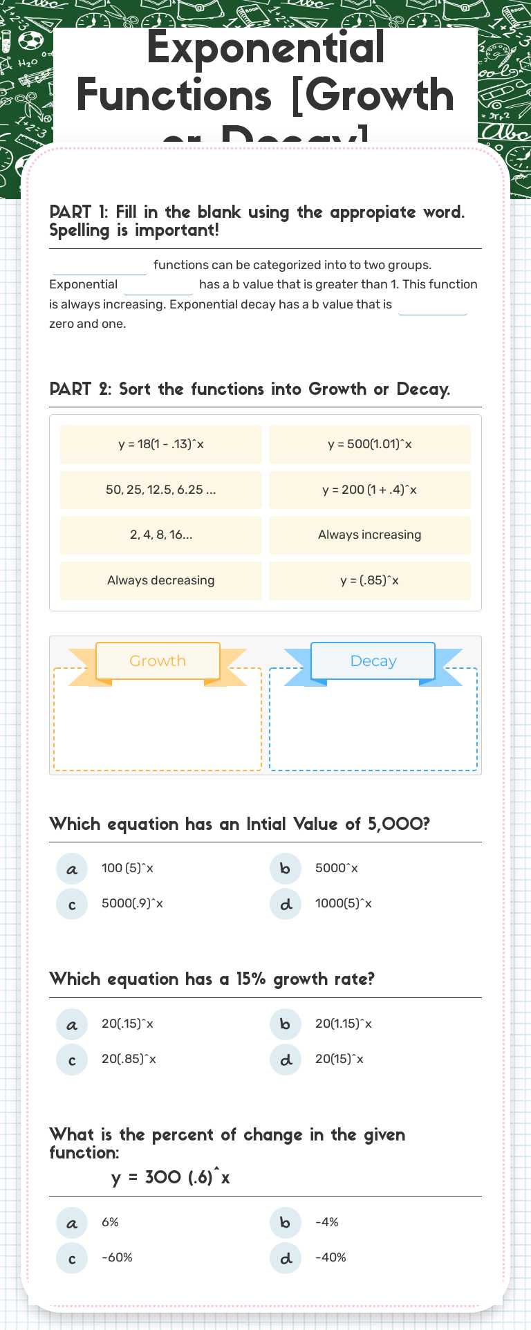 Exponential Functions [Growth or Decay] Grade 8 worksheet preview