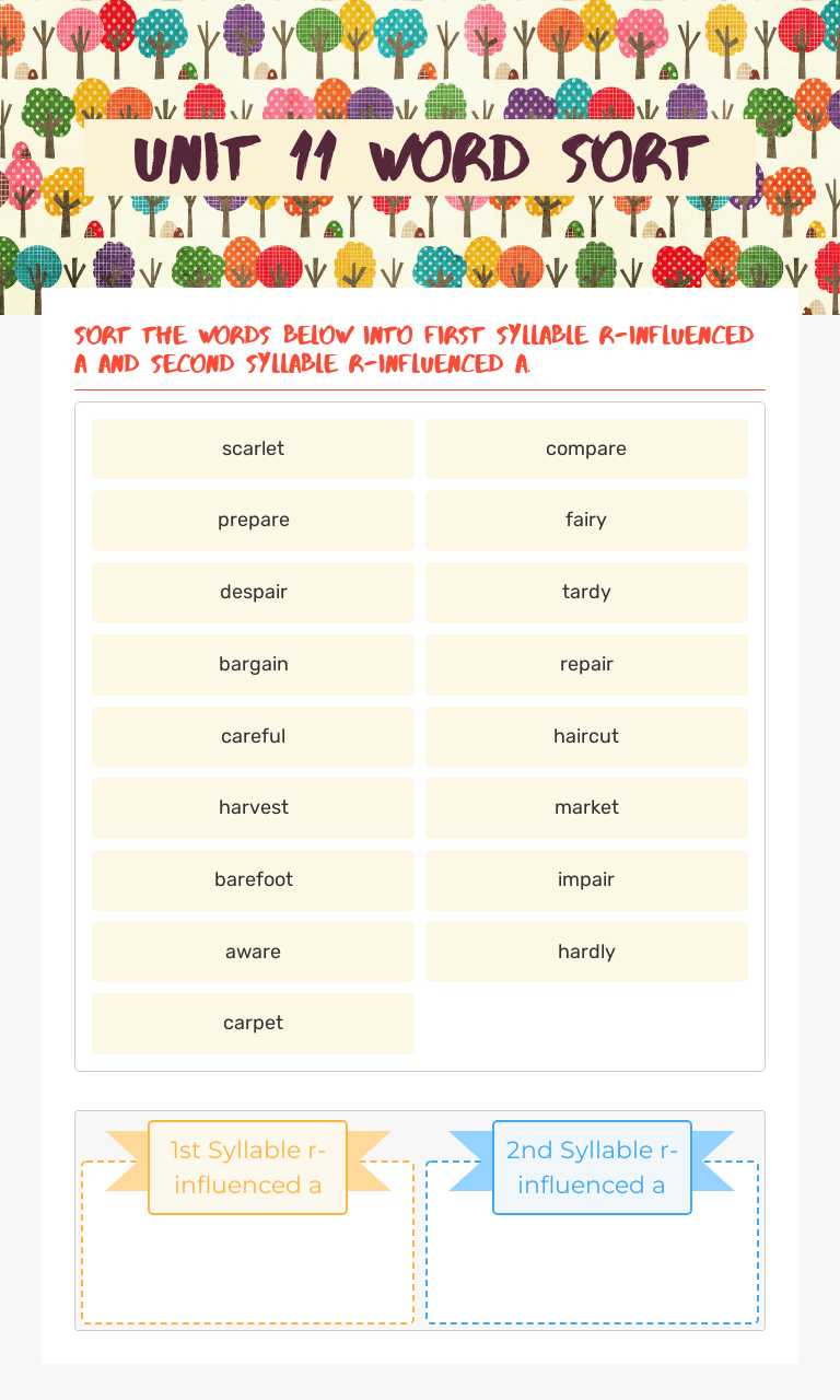 Unit 11 Word Sort worksheet preview image