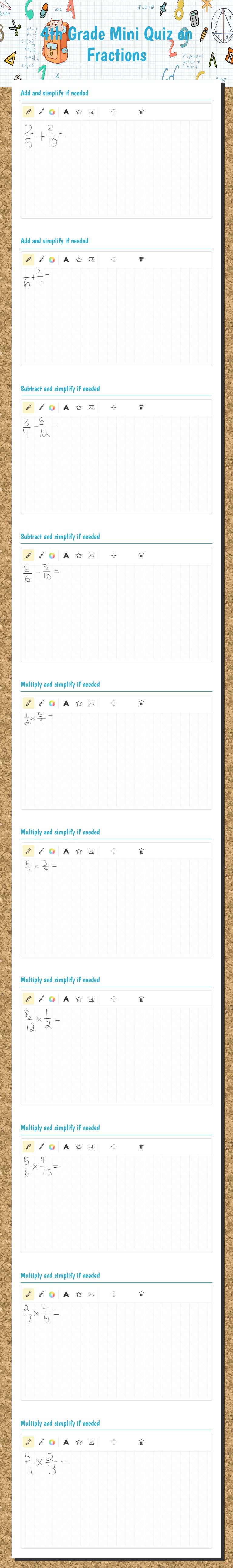 4th Grade Mini Quiz on Fractions worksheet preview image