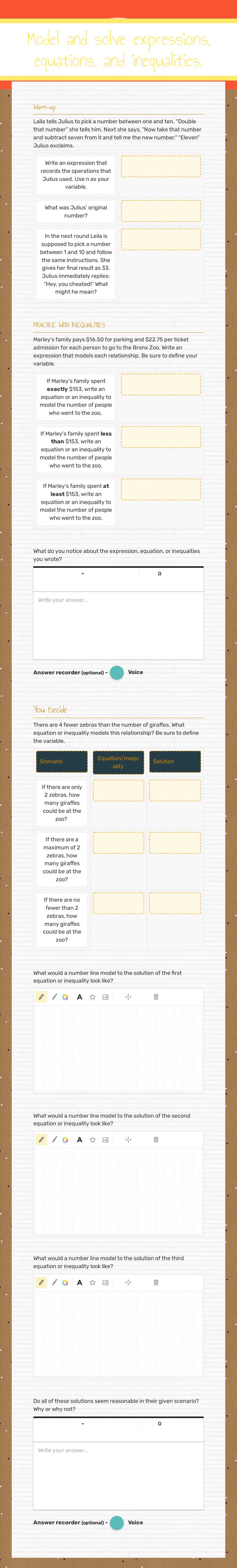 Model and solve expressions, equations, and inequalities. Grade 6 worksheet preview
