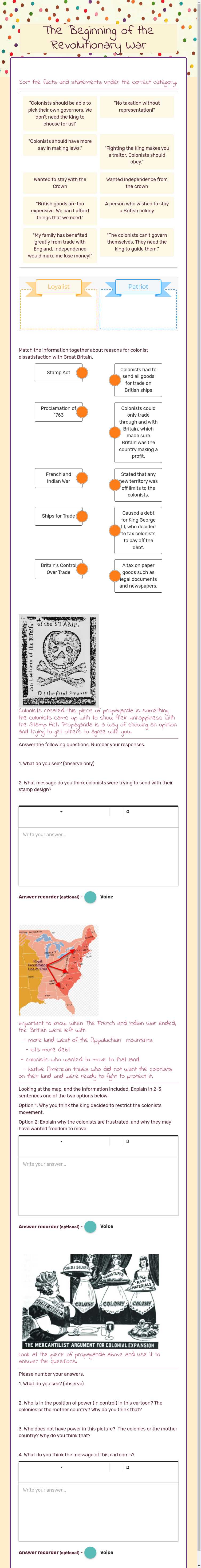 The Beginning of the Revolutionary War worksheet preview