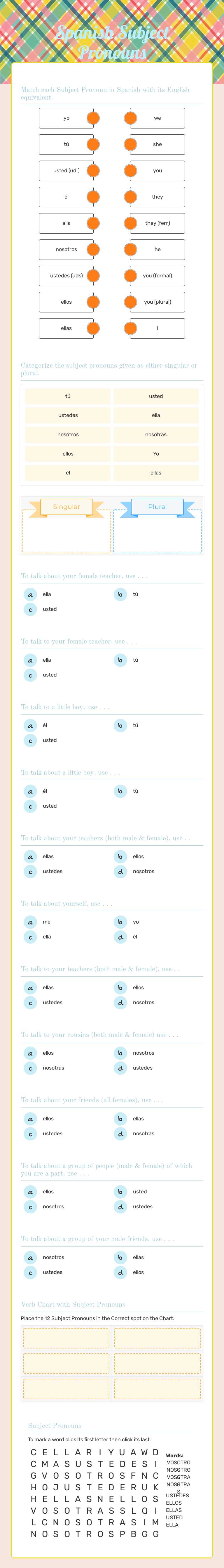 Spanish Subject Pronouns worksheet preview image