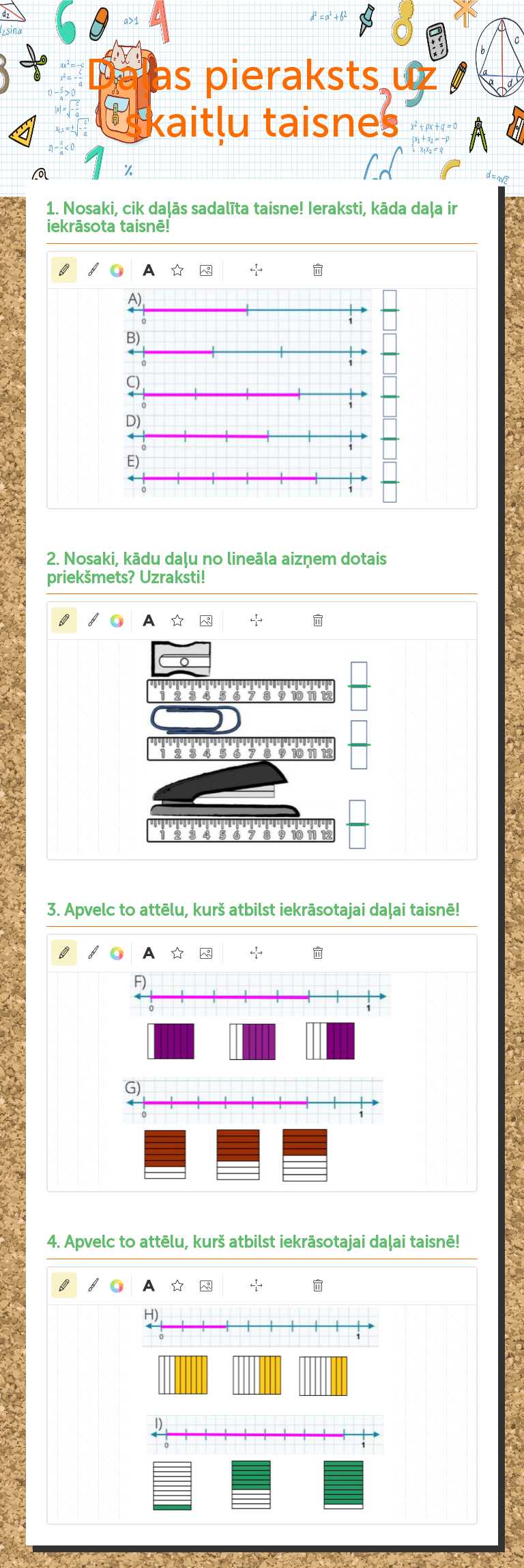 Daļas pieraksts uz skaitļu taisnes worksheet preview image