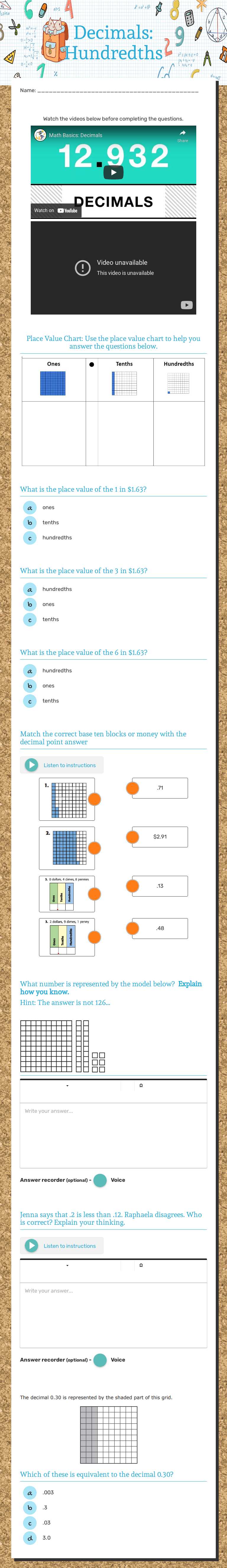Decimals: Hundredths worksheet preview image
