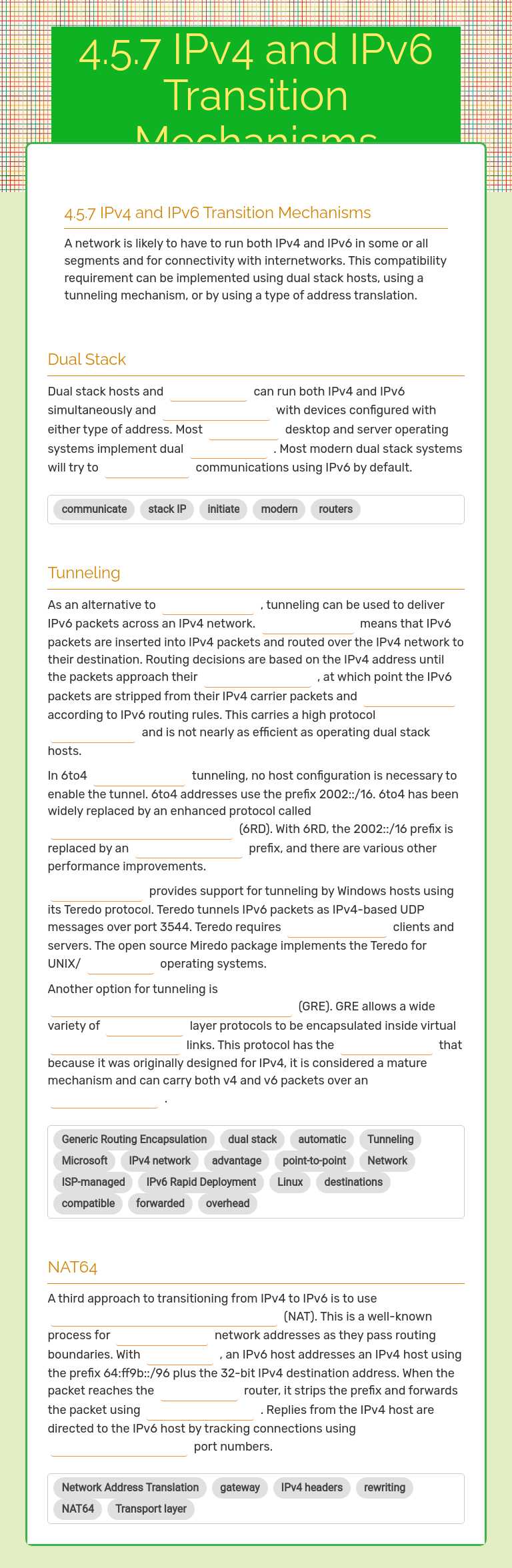 4.5.7 IPv4 and IPv6 Transition Mechanisms worksheet preview image