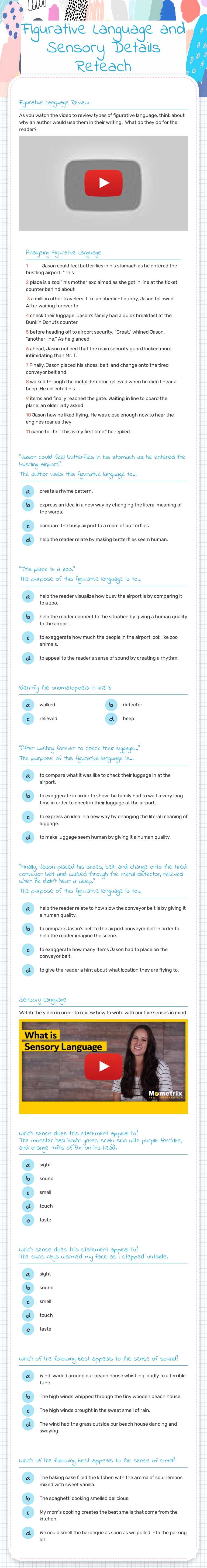 Figurative Language and Sensory Details Reteach worksheet preview image