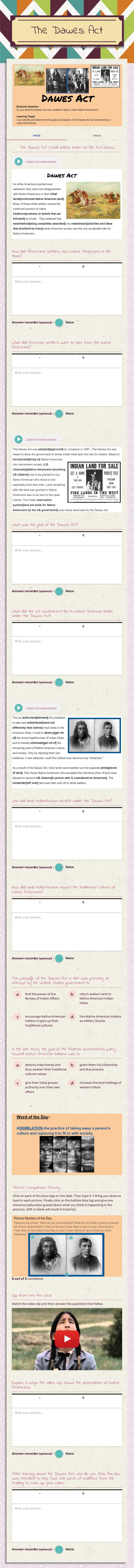 The Dawes Act worksheet preview image