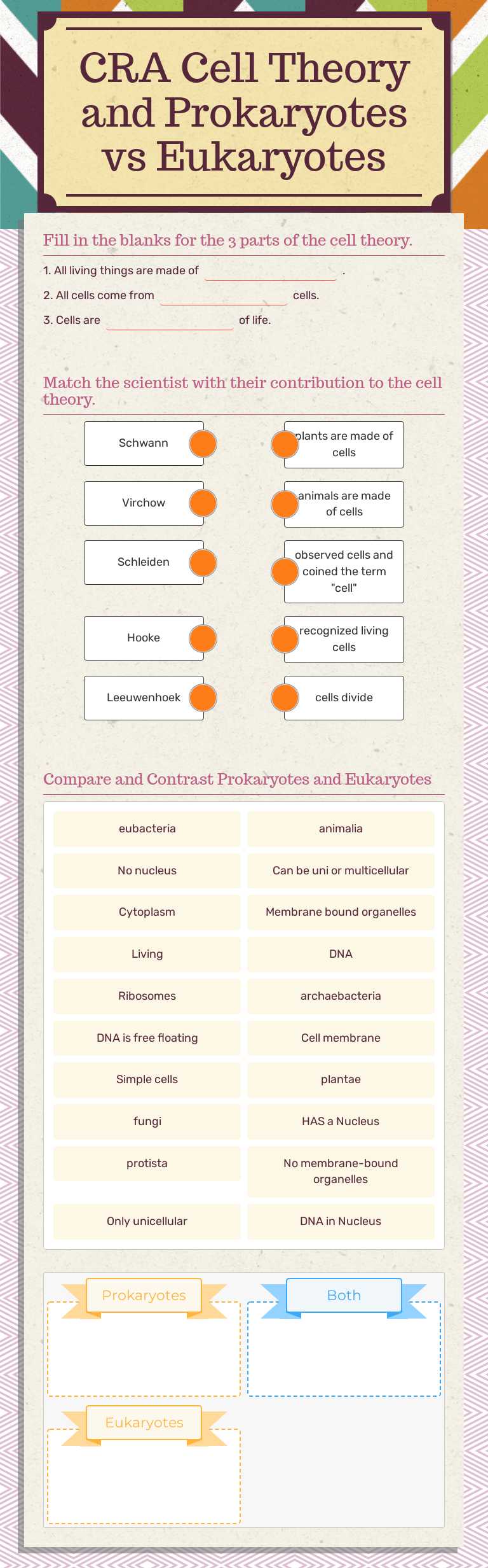 CRA Cell Theory and Prokaryotes vs Eukaryotes worksheet preview image