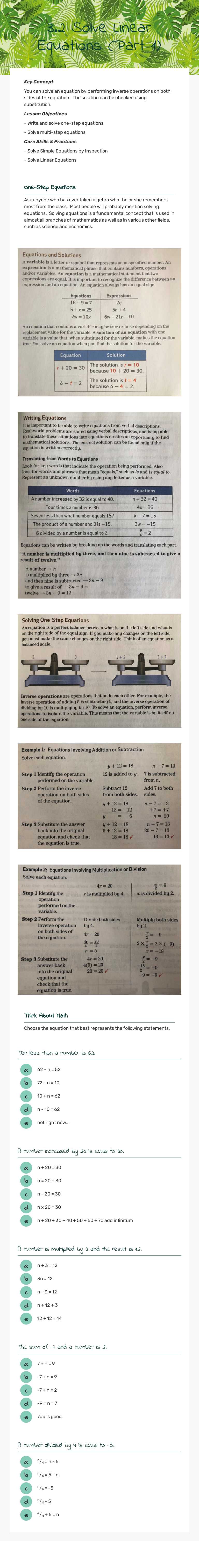 3.2 Solve Linear Equations (Part 1) worksheet preview image