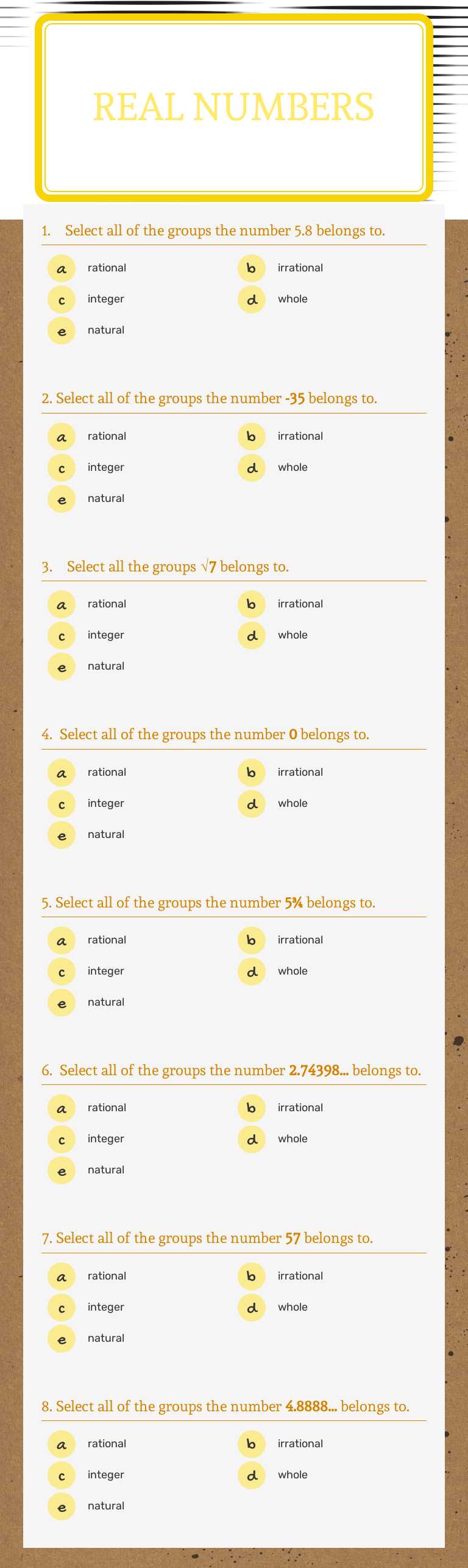 Real Numbers worksheet preview