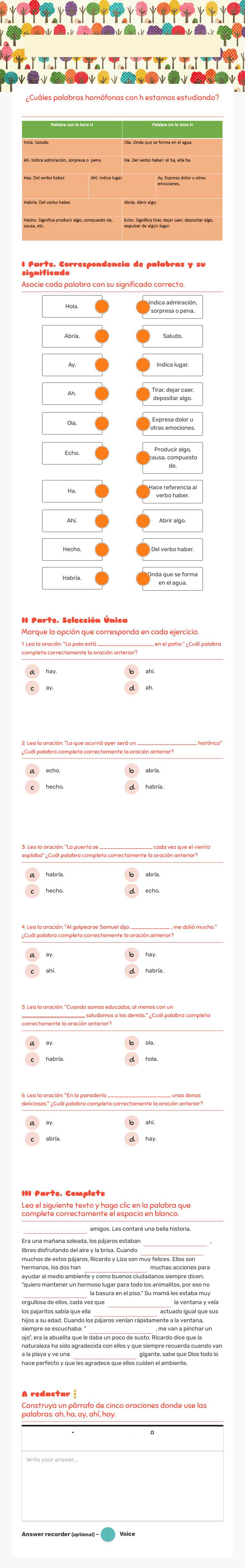 Español 4° palabras homófonas con H worksheet preview image
