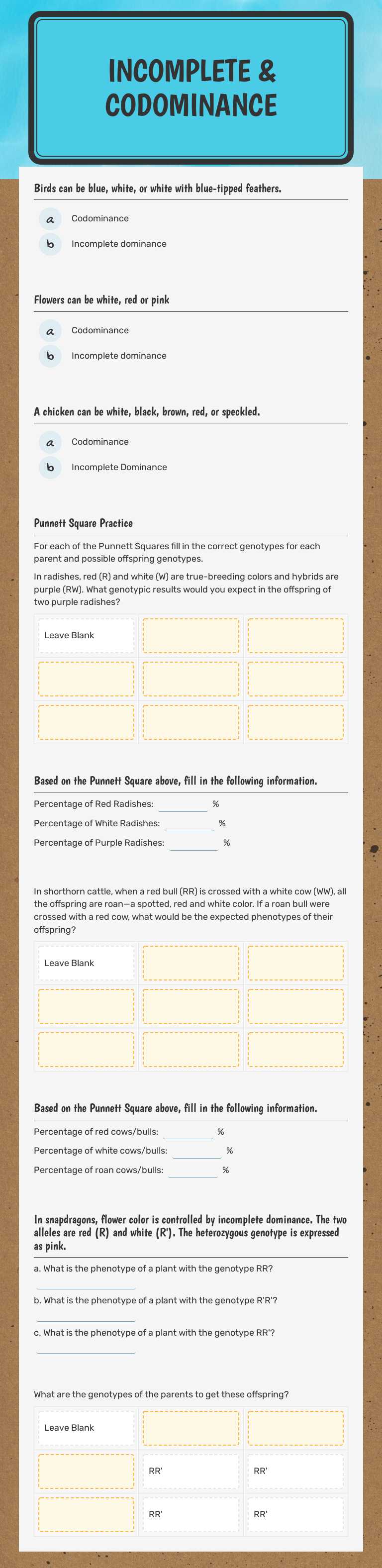 Incomplete & Codominance worksheet preview image