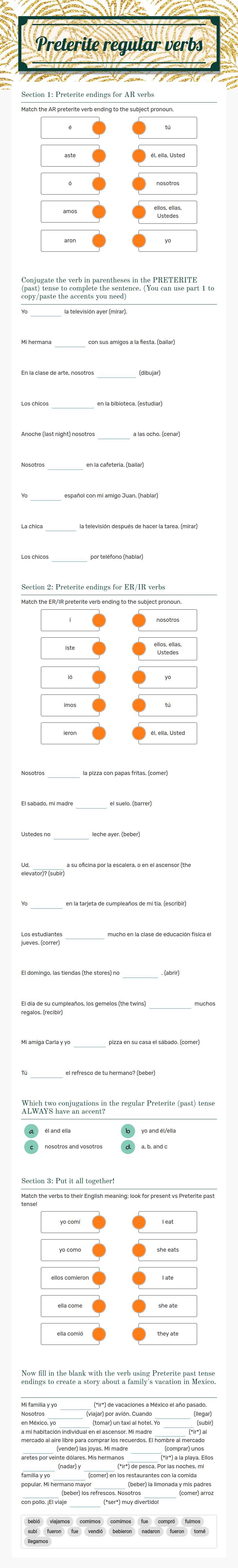 Preterite regular verbs worksheet preview image