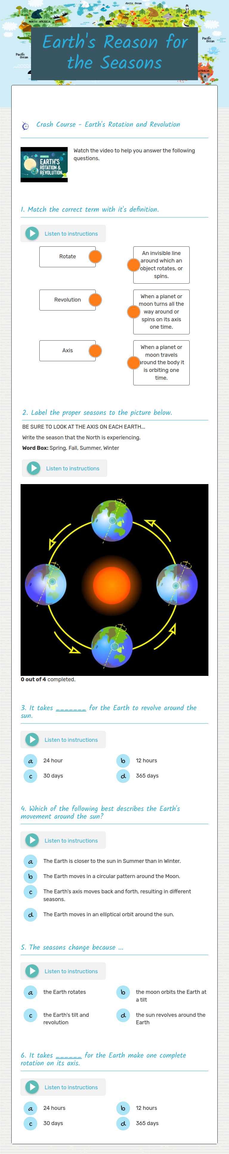 Earth's Reason for the Seasons worksheet preview image