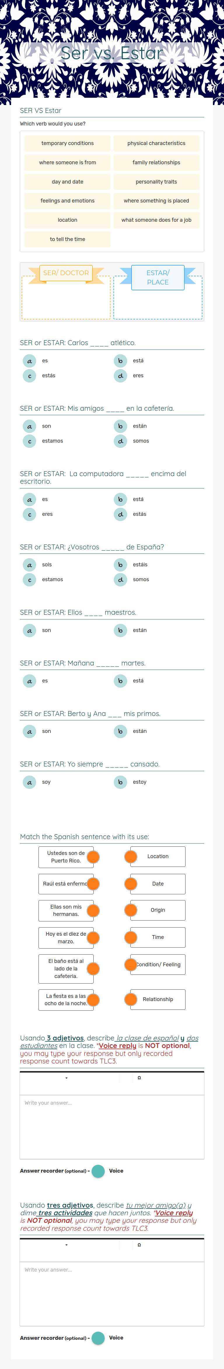 Ser vs. Estar Grade 10 worksheet preview